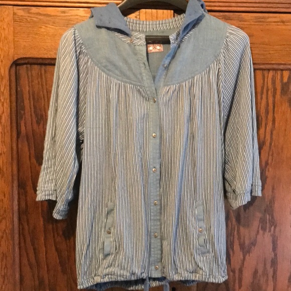 FREE PEOPLE Striped Blue Denim Chambray Hooded Button Front Top - Picture 2 of 10